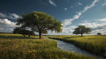 Landscape with river and trees in the meadow at sunset.の写真素材