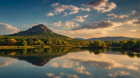 Panoramic view of the lake and mountains in the background.の写真素材