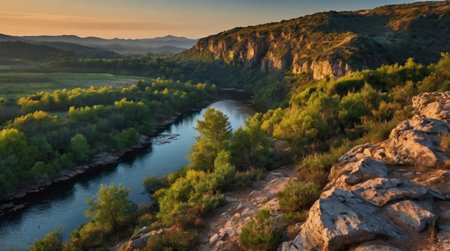 Sunrise over the river in the mountains. Beautiful summer landscape.の写真素材