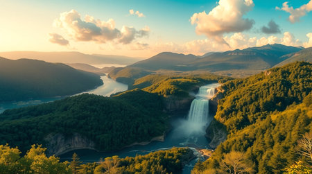 Aerial view of a waterfall at sunset.の写真素材
