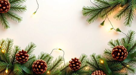 Christmas background with fir branches, pine cones and garland lights. Flat lay, top view, copy...