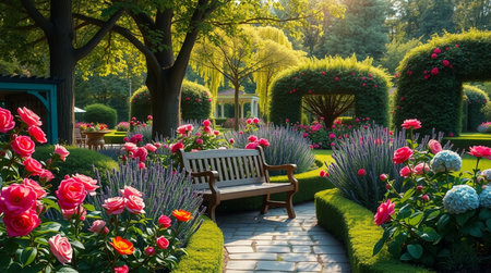 Beautiful spring garden with blooming roses and bench in sunny day