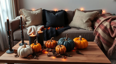 Beautiful composition of burning candles and pumpkins on table in roomの写真素材