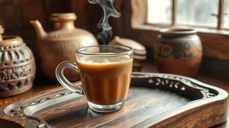 Cup of coffee on tray on wooden table in cafe, closeupの写真素材
