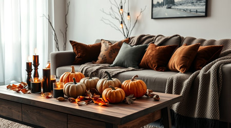 Stylish living room interior with pumpkins, candles and autumn leavesの写真素材