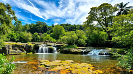 Waterfall in the forest, beautiful natural landscape, panoramic viewの写真素材