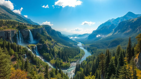 Panoramic view of the beautiful waterfall in the mountains, Switzerlandの写真素材