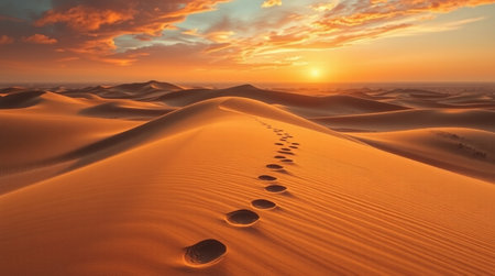 Footprints in the sand dunes at sunset. 3d renderingの写真素材