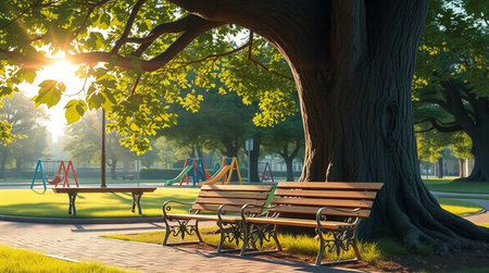 Empty park bench under a big tree in the morning. 3d renderの写真素材