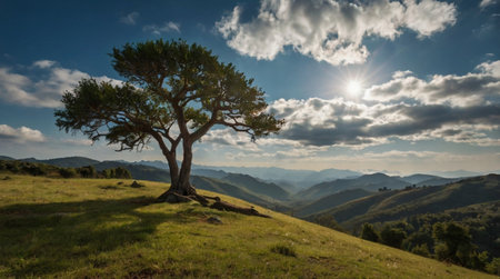 Lonely tree on the hillside in the Carpathian mountainsの写真素材