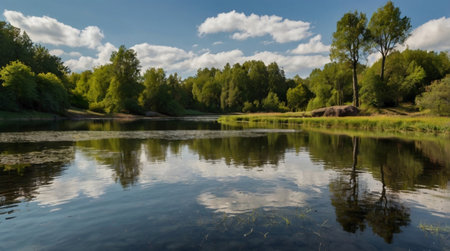 beautiful summer landscape on the river with trees and blue sky with cloudsの写真素材