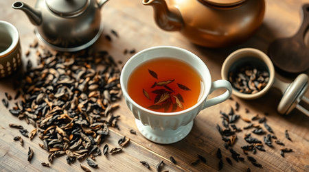 Cup of aromatic tea on wooden table, closeup. Alternative medicineの写真素材