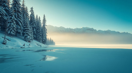 Beautiful winter landscape with frozen lake and snow covered mountains in the backgroundの写真素材
