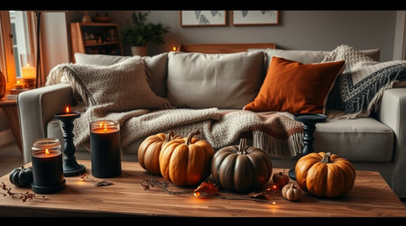 Cozy home interior with pumpkins, candles and knitted plaid