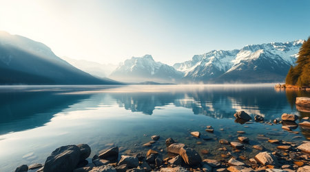 Mountain lake with crystal clear water and snowcapped peaks in backgroundの写真素材