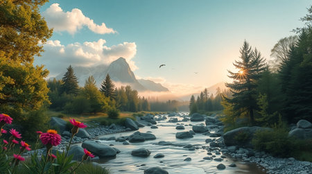 Mountain landscape with river and flowers in the foreground at sunrise.の写真素材