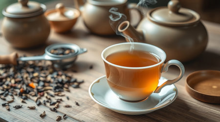 Cup of tea and teapot on wooden table, closeupの写真素材