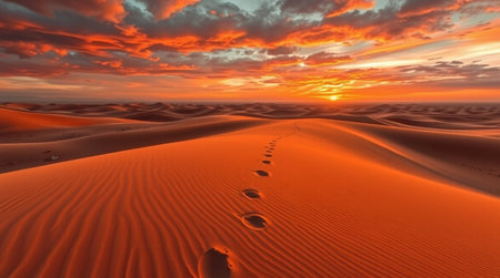 Footprints in the sand dunes at sunset. 3d renderの写真素材