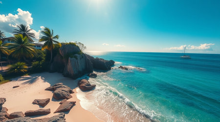 Aerial view of beautiful tropical beach with palm trees and blue sea