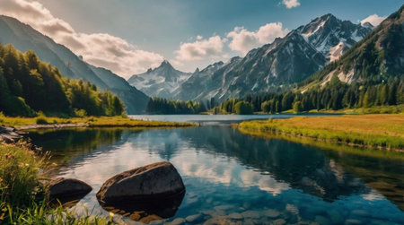 Panoramic view of alpine lake with reflection of mountains.の写真素材
