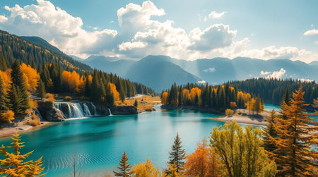 Autumn alpine landscape with turquoise water of Jiuzhaigou, Chinaの写真素材
