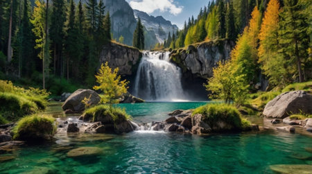 Waterfall in the Dolomites, Italy. Panoramic view