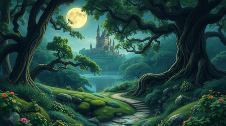 Fantasy landscape with castle in the forest at full moon night.の写真素材