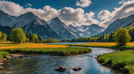 Panoramic view of the mountain river in the Altai mountainsの写真素材