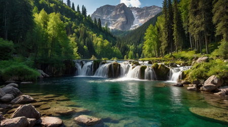 Waterfall in the mountains. Panoramic view