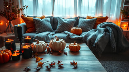 Beautiful interior of living room with burning candles, pumpkins and plaidの写真素材