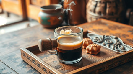 Coffee espresso in a glass cup on a wooden tray.の写真素材