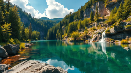 Beautiful mountain lake with clear turquoise water and forest on backgroundの写真素材