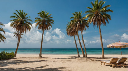 Coconut palm trees on a tropical beach in the Dominican Republicの写真素材