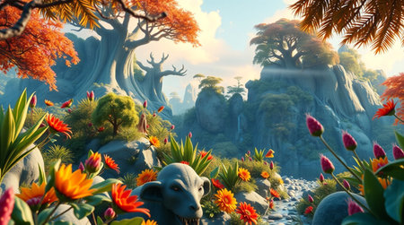 3d illustration of fantasy landscape with fairy forest and flowersの写真素材