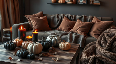 Stylish living room interior with cozy sofa, candles and pumpkinsの写真素材