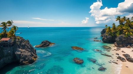 Aerial view of beautiful tropical beach with turquoise water and coconut palm treesの写真素材