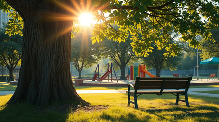 Empty bench in a park at sunset. 3D Rendering.の写真素材
