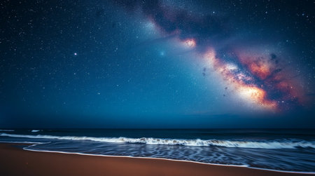 Milky way over the sea and sandy beach with starry sky