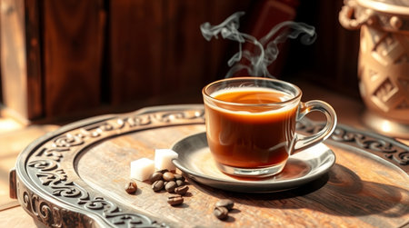 Cup of hot coffee on tray on wooden table, closeupの写真素材
