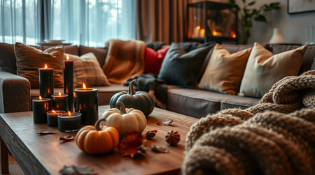 Cozy living room interior with burning candles and autumn decor. Fall seasonの写真素材