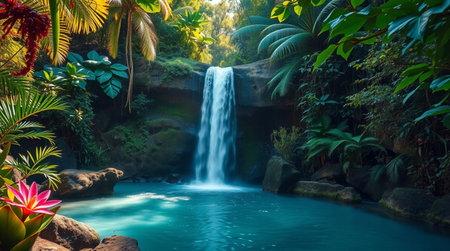 Beautiful waterfall in the tropical garden. Waterfall in the jungle.の写真素材