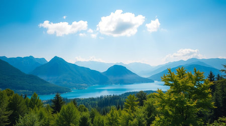 Panoramic view of the lake and mountains in the background.の写真素材
