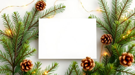 Christmas greeting card mockup with fir branches, pine cones and garland lights on white background....