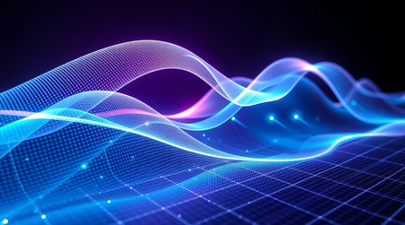 3d render, abstract technology background with glowing particles, lines and waves