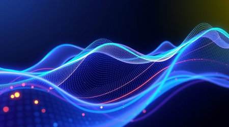 3D illustration of abstract digital wave with glowing particles. Technology background