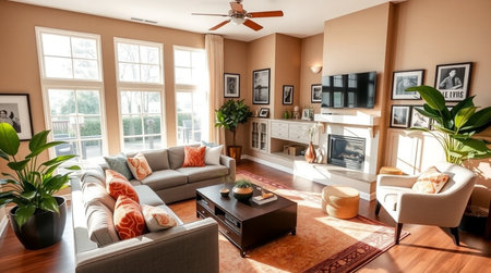 Living room with fireplace, sofa, armchairs, coffee table and plants