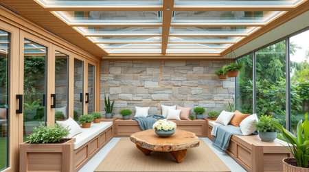 3D rendering of a modern living room with a beautiful garden view