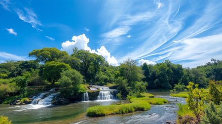 Panoramic view of a waterfall in the middle of a lush green forestの写真素材