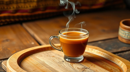 Cup of coffee on a wooden table. Close-up.の写真素材
