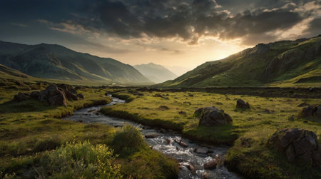 Panorama of a mountain river at sunset.